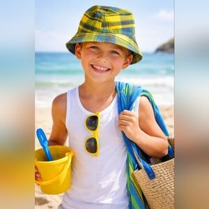 🎈Kids Reversible Yellow and Blue Plaid Bucket Hat Sz6